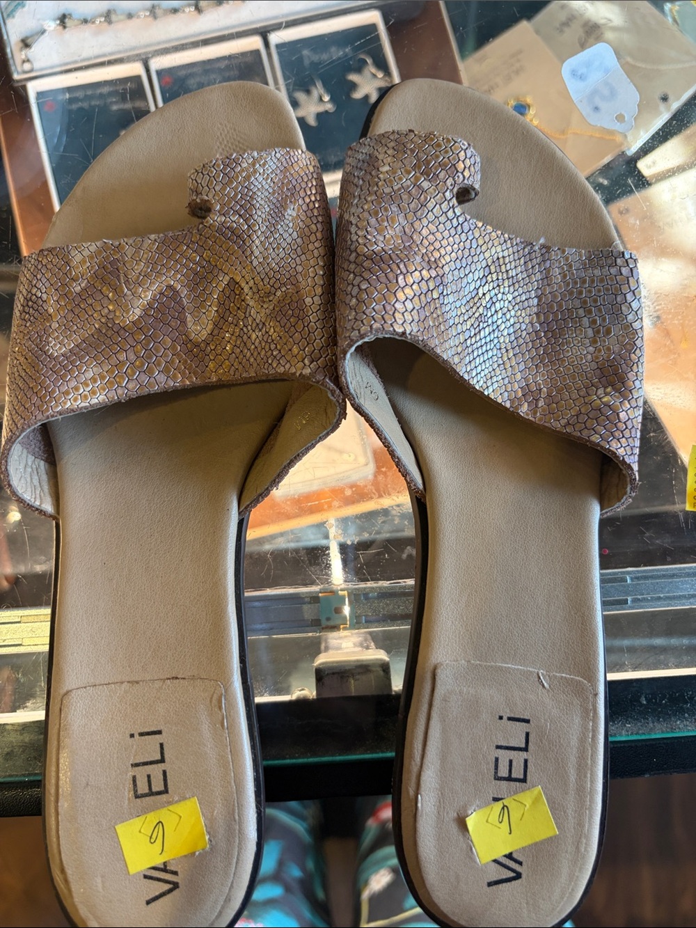 Vaneli Metallic Snake-Print Slide Sandals in Brown Taupe